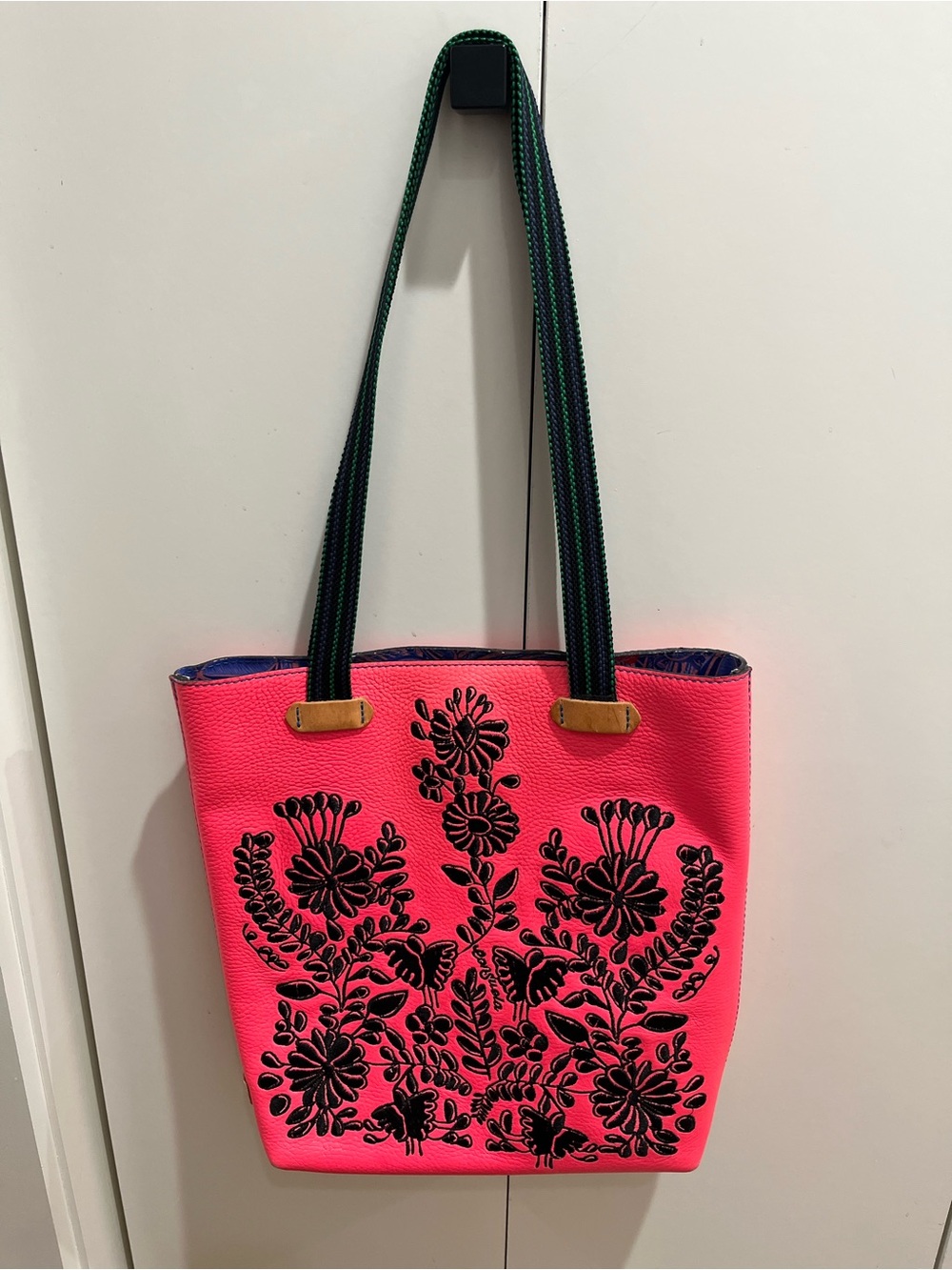 Consuela Neon Pink Tote with Black Floral Appliqué